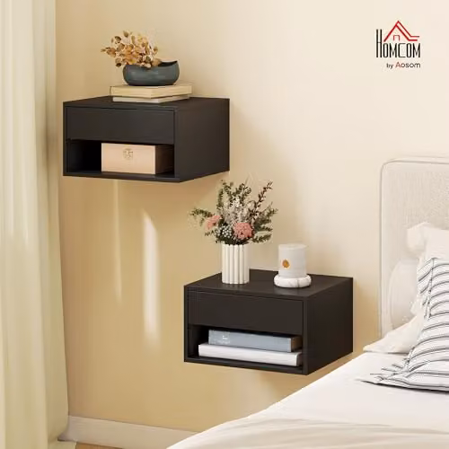 HOMCOM Set of 2 Black Wall Mounted Floating Nightstands with Drawer and Open Shelf – 2