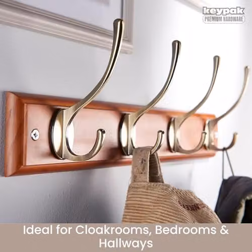 Keypak Oak Effect Wall Mounted Coat Rack with 4 Antique Brass Double Hooks, Brown and Gold – 3