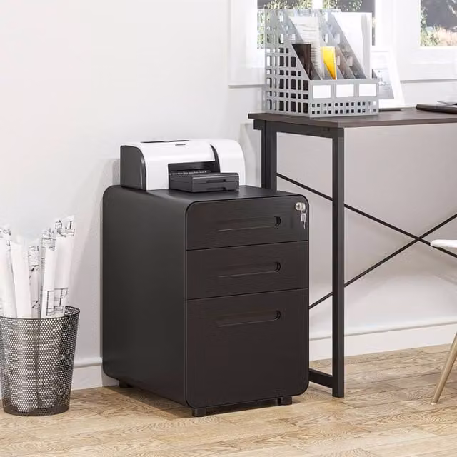 STILVORA 3 Drawer Metal File Cabinet with Lock and Castors in Matt Black – 1