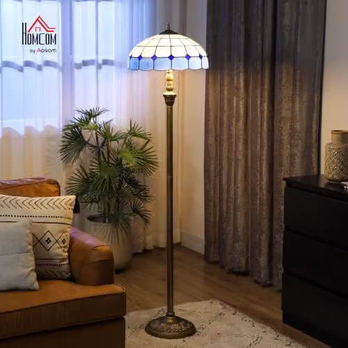 HOMCOM Tiffany-Style Vintage Floor Lamp with Blue Glass Shade and Bronze Tone Metal Base, Height: 152 cm – 2