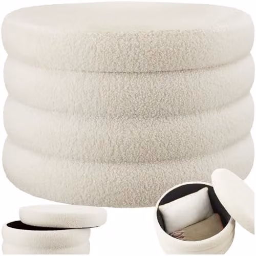 tectake XL Scandi Style Storage Ottoman with Bouclé Cover in Cream/White, W/D/H: 42 x 42 x 67 cm
