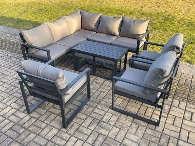 Fimous 10 Seater Aluminium Outdoor Garden Furniture Set in Dark Grey with L-Shape Sofa, Coffee Table and Two Ottomans