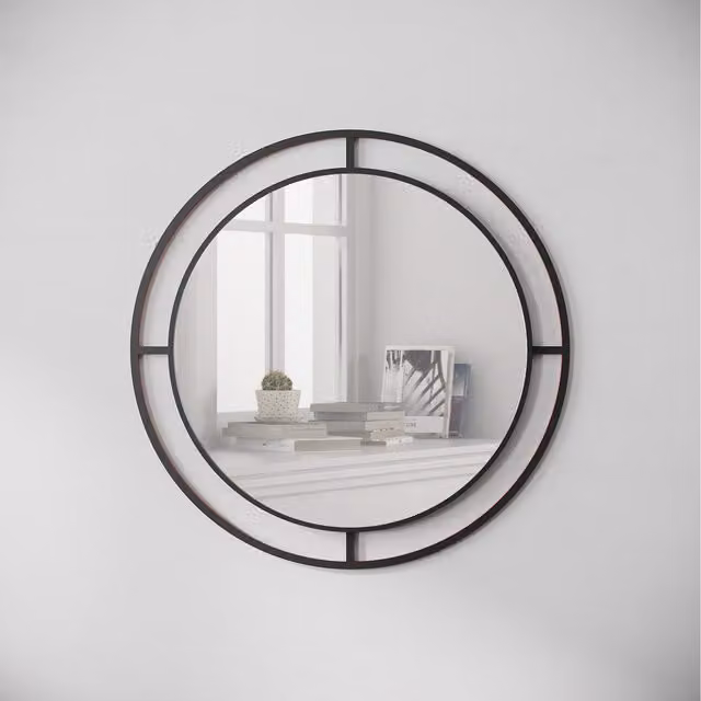 HOCUS PICUS Modern Geometric Round Metal Framed Wall Mirror in Black and Gold, W/D/H: 57 x 57 x 1 cm – 1
