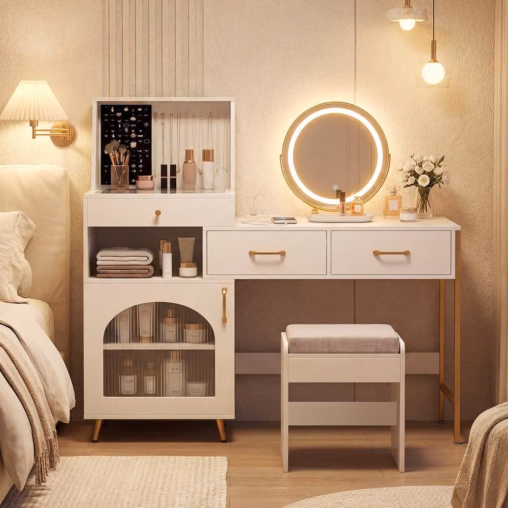 Costway Modern White Vanity Desk Set with Hollywood LED Mirror, Glass Top and Stool – 3