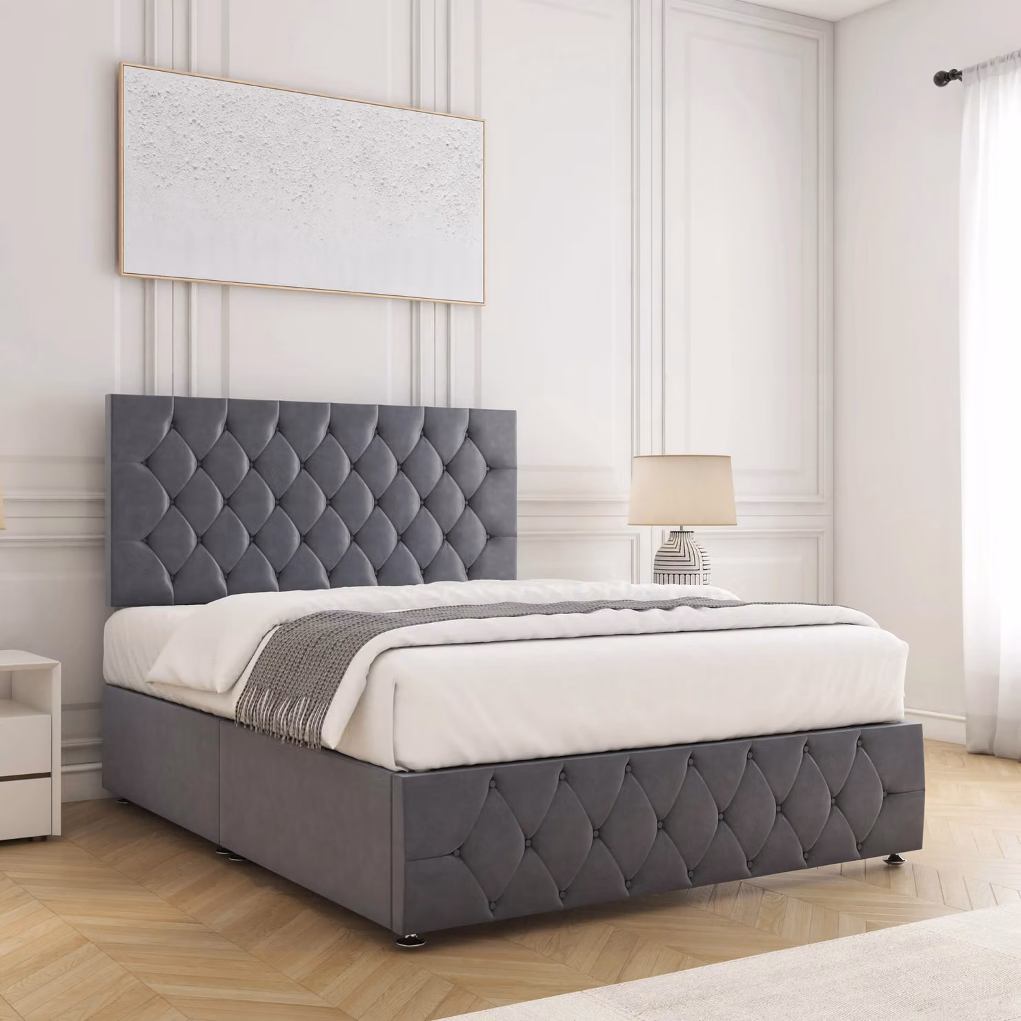 BSSPOKE Mulberry Chesterfield Divan Bed with Plush 24 Inch Headboard and Footboard in Anthracite Grey, W/D/H: 120 x 200 cm – 2