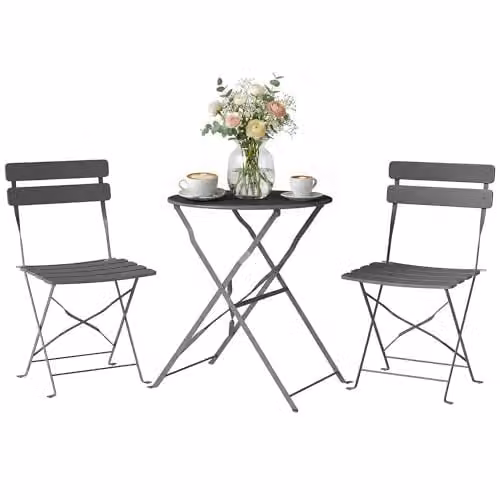 Outsunny 3 Piece Folding Bistro Set with Round Metal Garden Table and Chairs in Grey – 1