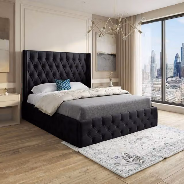 KDMD Verwood Winged Upholstered Designer Bed Frame in Black Soft Velvet, W/D/H: 120 x 200 x 137 cm