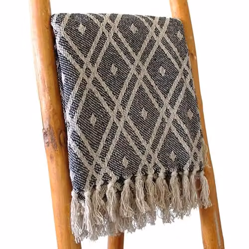 KDMD Boho Fluffy Cotton Throw in Black and Beige, W: 125 cm, L: 150 cm