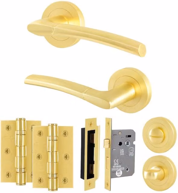 AFIT Gold Brass Bathroom Handle Rose Kit with 1 Pair of Levers, 64mm Lock and Hinges, W/D/H: 15.2 x 15 x 15 cm