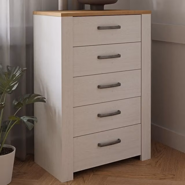 Furniture To Go Bohol 5 Drawer Narrow Chest in Riviera Oak and White