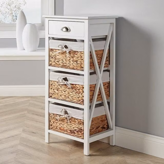 Home Source Dartmouth 3 Wicker Basket Drawer Chest Storage Unit in White
