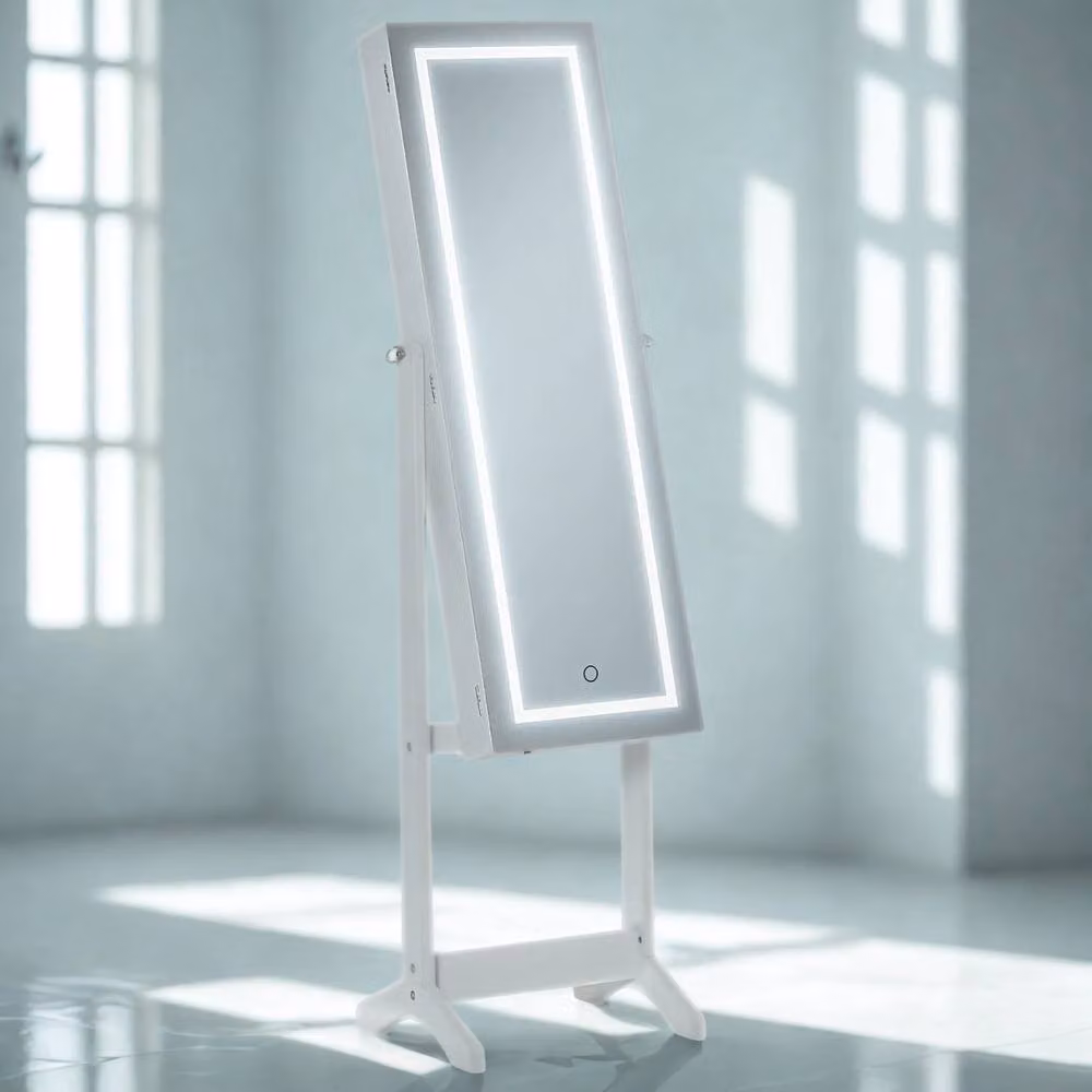 FURNOS White Glossy Free Standing Jewellery Cabinet with Mirror, LED Lighting and Lock, H 151.5 x W 46.0 x D 36.5 cm – 2