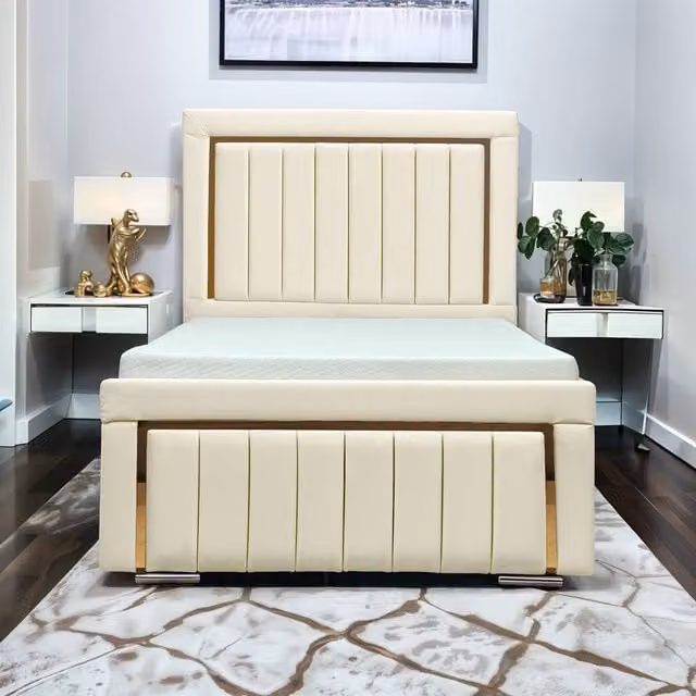UK Bed Furniture Princess Gas Lift Ottoman Upholstered Bed with 48 Inch Headboard in Beige, Size: Super King (200x200 cm)