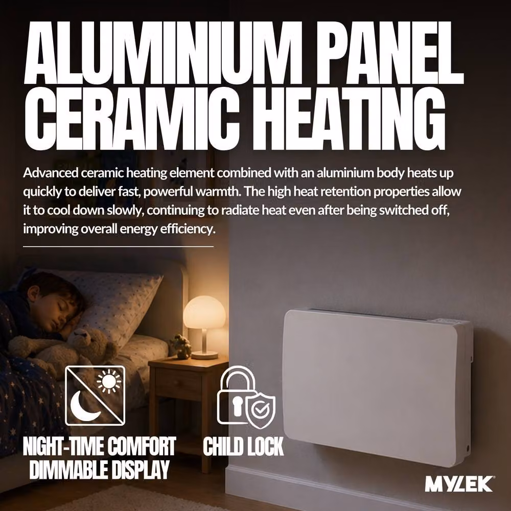 MYLEK 1500W White Aluminium and Ceramic Wall Mounted Panel Heater with WiFi App Control and LCD Display – 2