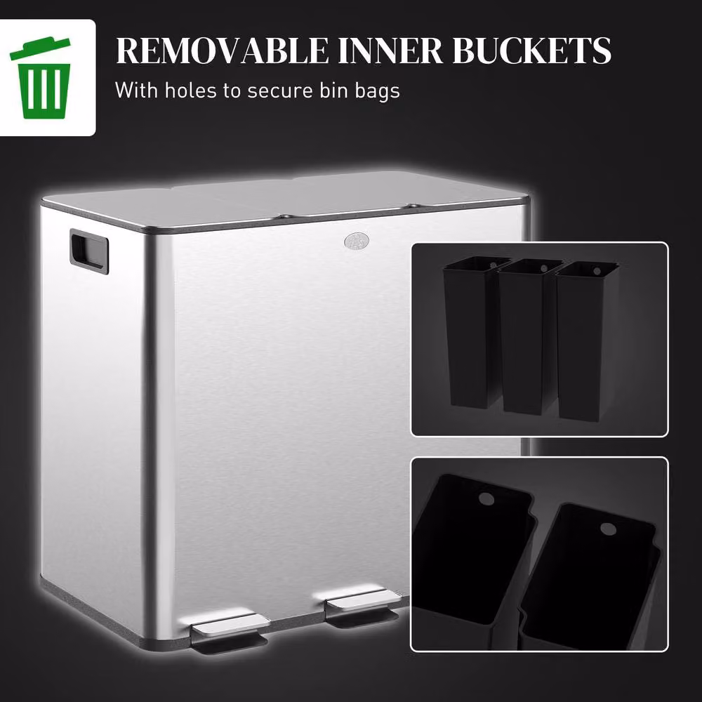 STILVORA 45L Stainless Steel Pedal Bin with 3 Compartments in Silver – 7