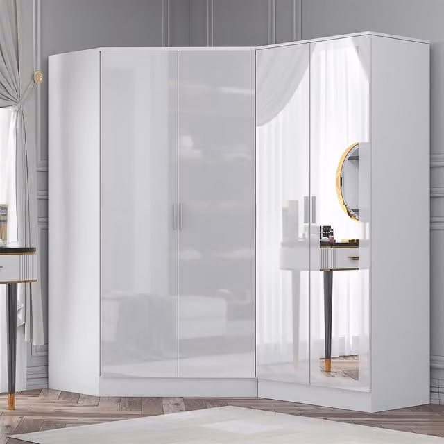 REFLECT Wardrobe Bundle featuring a 2 Door Corner Wardrobe and a 2 Door Mirror Wardrobe in White Gloss and Matt White