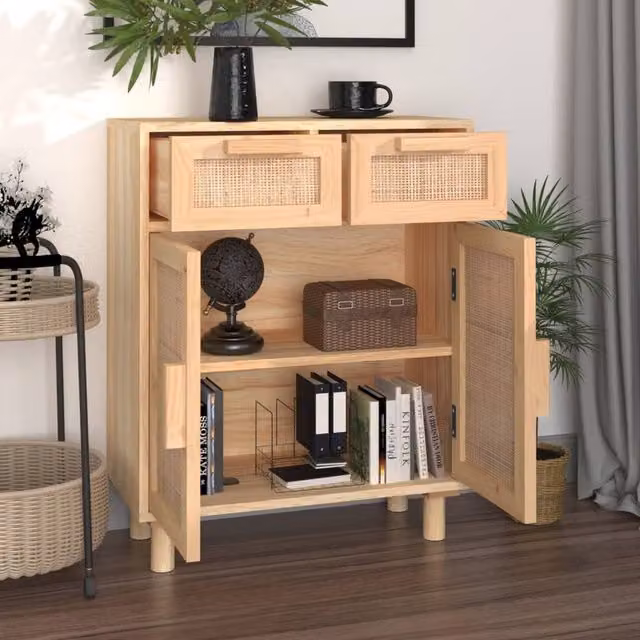 Berkfield Home Brown Sideboard in Solid Pine and Natural Rattan, W/D/H: 60 x 30 x 75 cm – 1