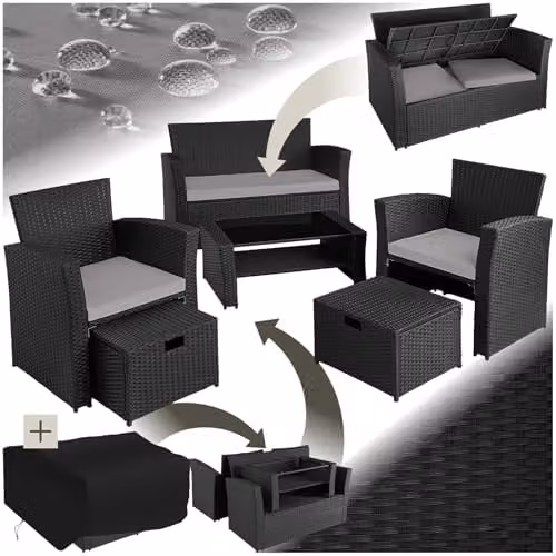 tectake Rattan Garden Furniture Set in Black and Grey with 2-Seater Sofa, Coffee Table, Armchairs, and Ottoman with Upholstered Cushions