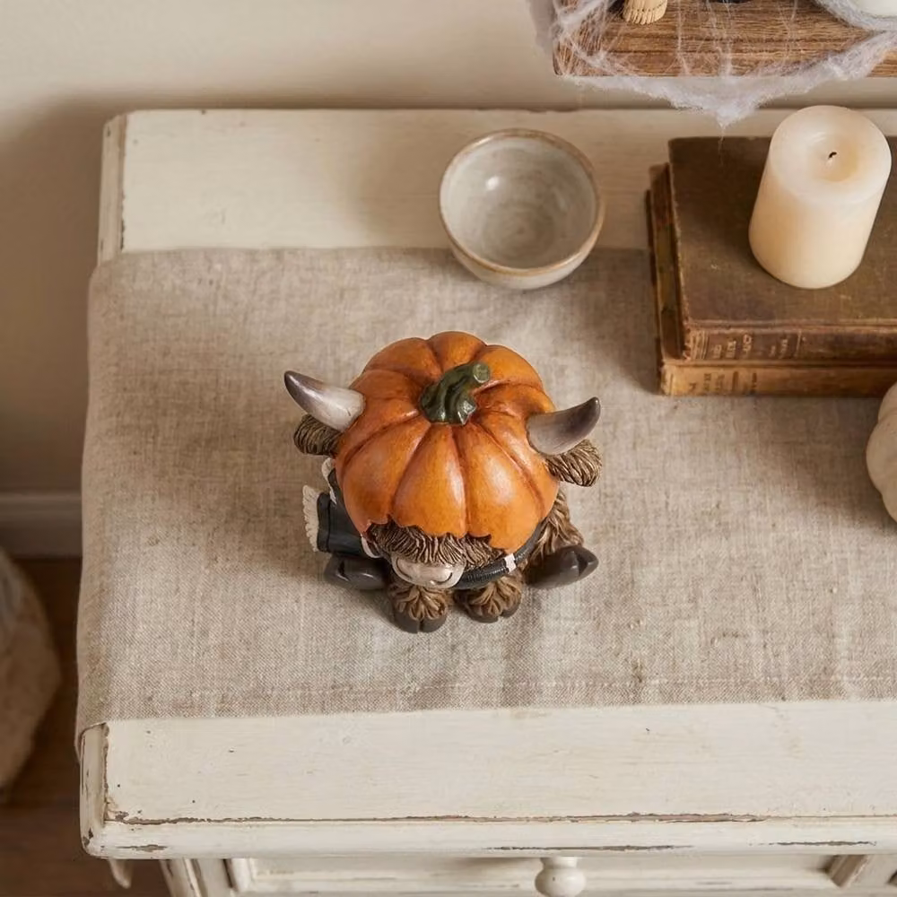 Garden Greatness Highland Cow Sitting in Pumpkin Multicolour Rustic Autumn Halloween Tabletop Decoration – 2