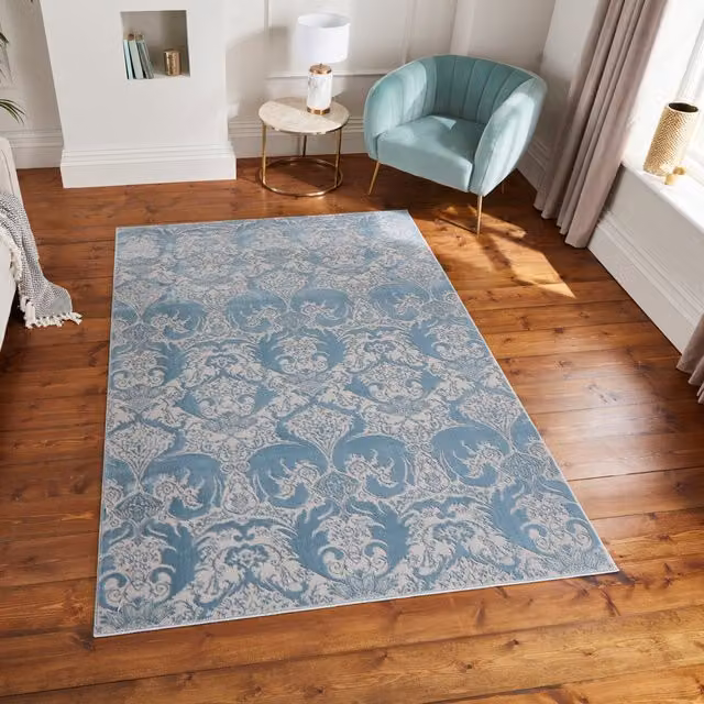 Laurence Llewelyn-Bowen Imperial Floral Rectangular Rug in Blue and Grey
