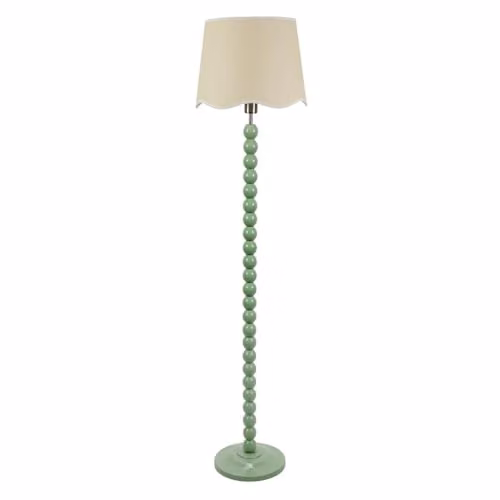 ValueLights Bobbin Stem Floor Lamp with Sage Green Fabric Scallop Shade and White Trim – 1