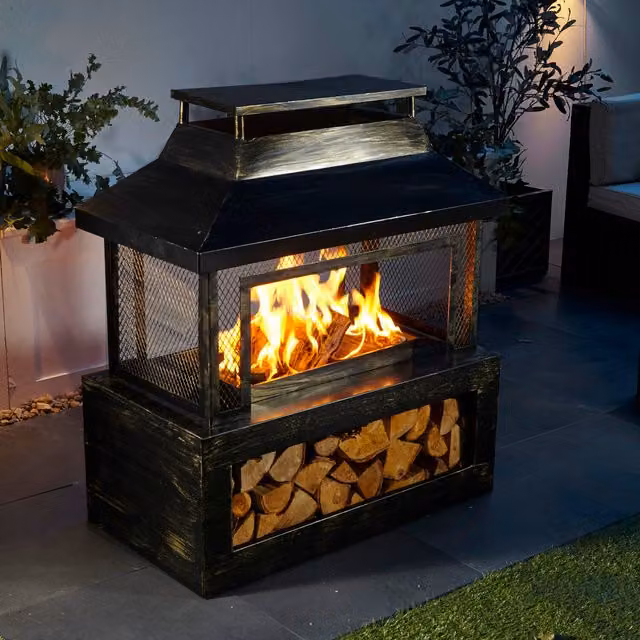 Neo Black Outdoor Fire Pit Log Burner with Mesh Surround and Storage in Black Steel, W/D/H: 94 x 45 x 45 cm