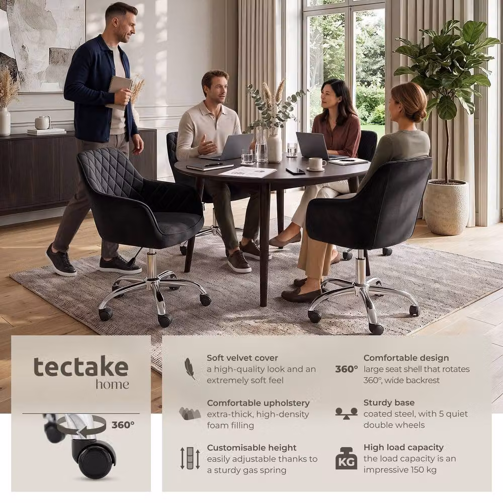 Tectake Nancy Modern Swivel Task Chair with Velvet Upholstery and Castors, Black – 2
