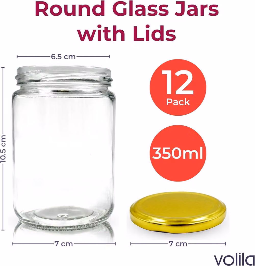 Volila 12 Pack Round Glass Jam Jars with Labels and Pen, Gold, 350ml per jar – 3
