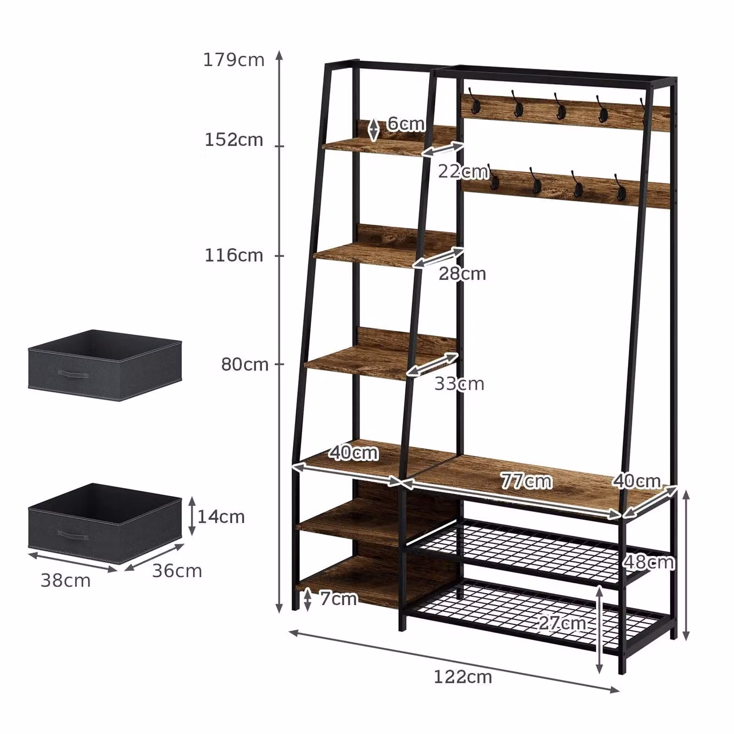 Costway Industrial Hall Tree with Bench and Dual Hook and Rail Matrix in Brown – 2
