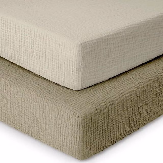 MHG Living 2 Pack Muslin Cotton Junior Cot Bed Fitted Sheets in Pink, Green and Beige