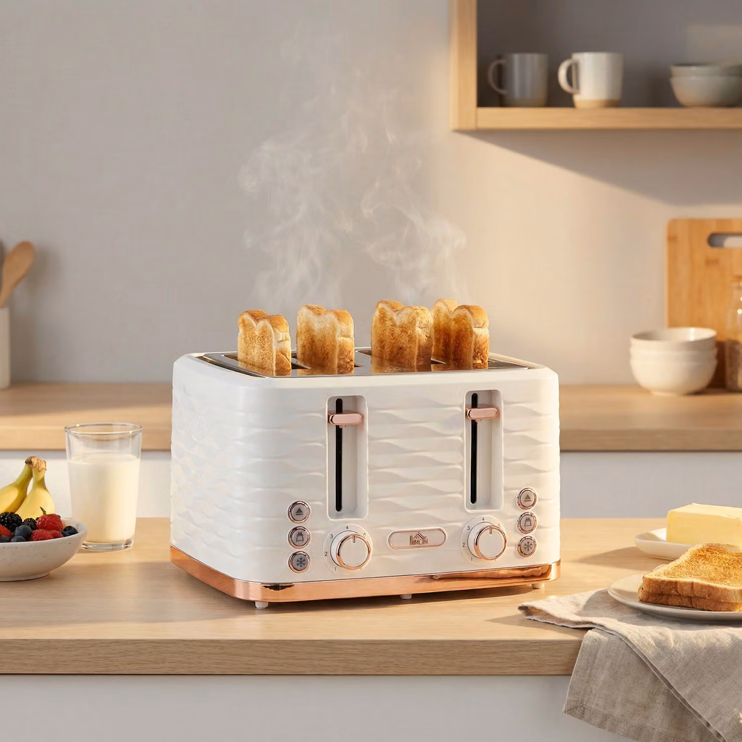 HOMCOM 4 Slice Toaster with 7 Browning Levels, High Lift, Reheat, Defrost and Cancel Functions, 1600W, White – 2