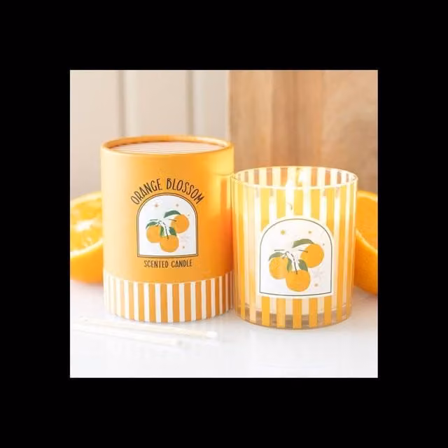 KDMD Orange Blossom Scented Candle in a Striped Glass Jar with Mediterranean Floral and Fruity Notes