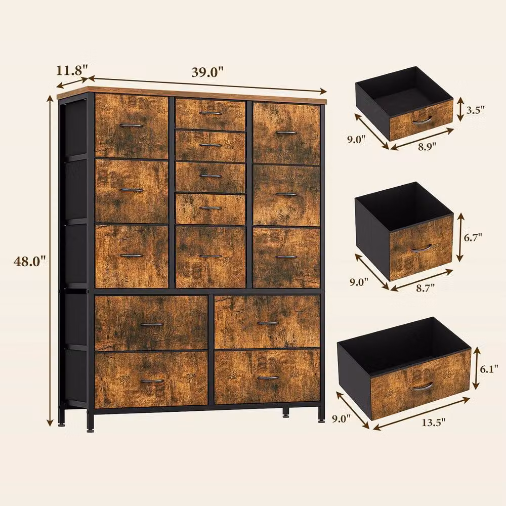 London Boutique 15 Drawer Fabric Dresser Chest of Drawers in Brown – 3