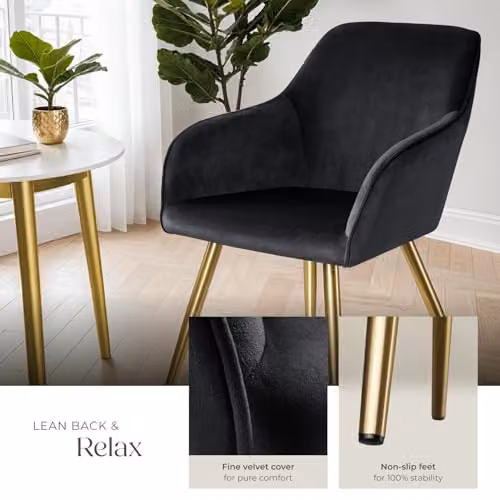 tectake Dining Chair in Black Velvet with Gold Steel Legs and Armrests – 6