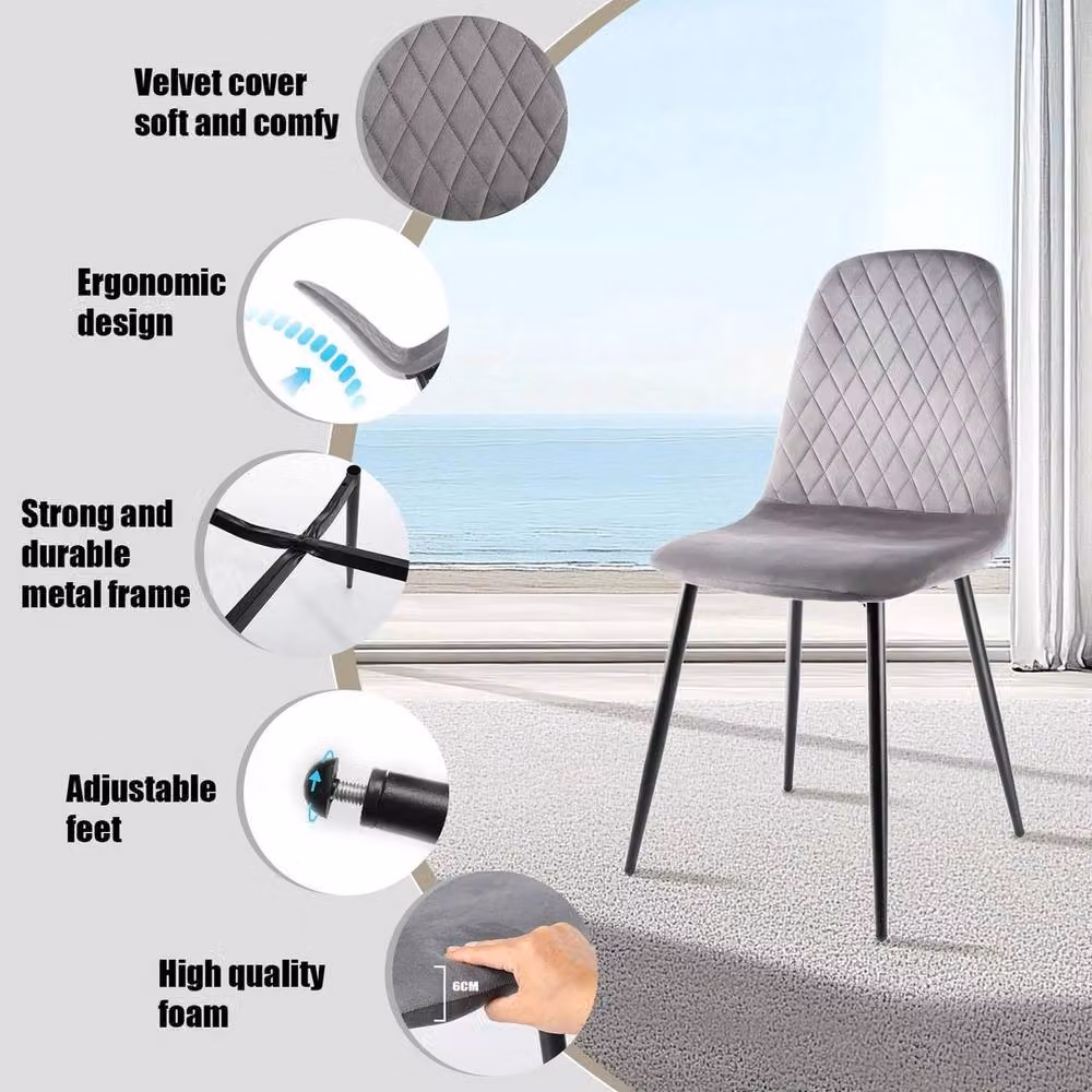 NESTLUNE Set of 4 Grey Velvet Dining Chairs with Padded Seats and Metal Legs – 4