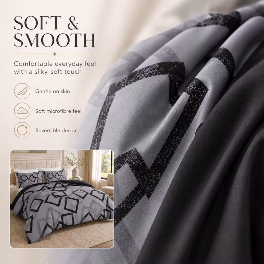 Pamposh Reversible Microfibre Luxury Duvet Cover Set in Grey, Black and Gold, W: 140 cm, H: 200 cm – 7