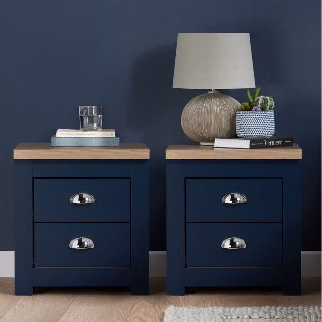 Birlea Highgate Pair of 2 Drawer Bedside Cabinets in Navy Blue
