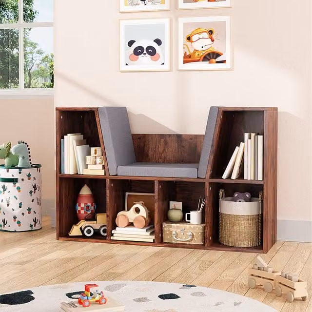 Komore Retro Brown Childrens Cube Bookcase with Reading Seat