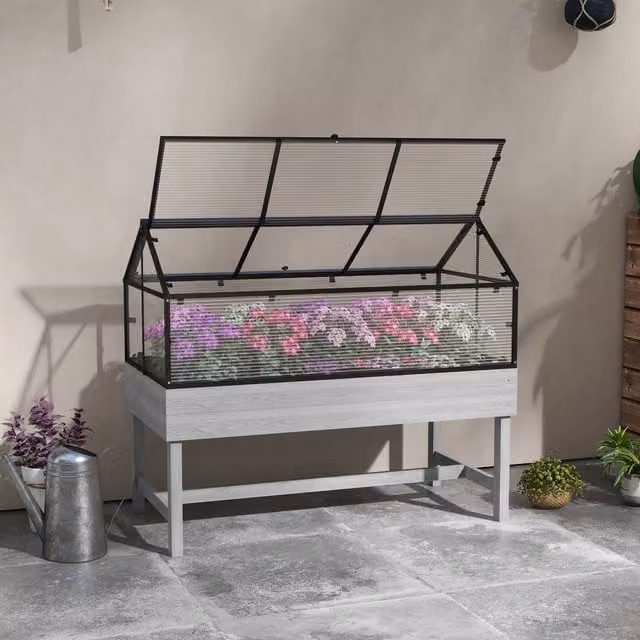 Outsunny Raised Garden Bed with Polycarbonate Cold Frame Greenhouse in Distressed Grey