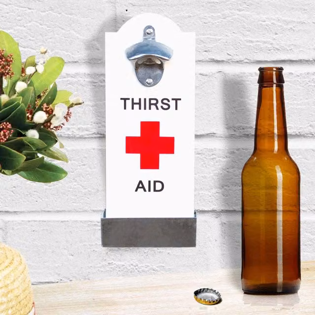 Maison Des Cadeaux Thirst Aid Wall Mounted Beer Bottle Opener and Cap Catcher in White