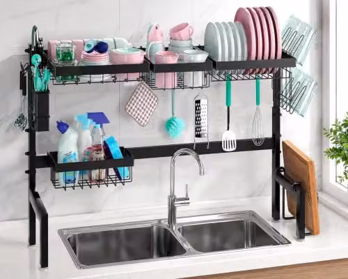 ATEK 2-Tier Expandable Over the Sink Dish Drainer Rack with Cup Holder and Utensil Holder, Black
