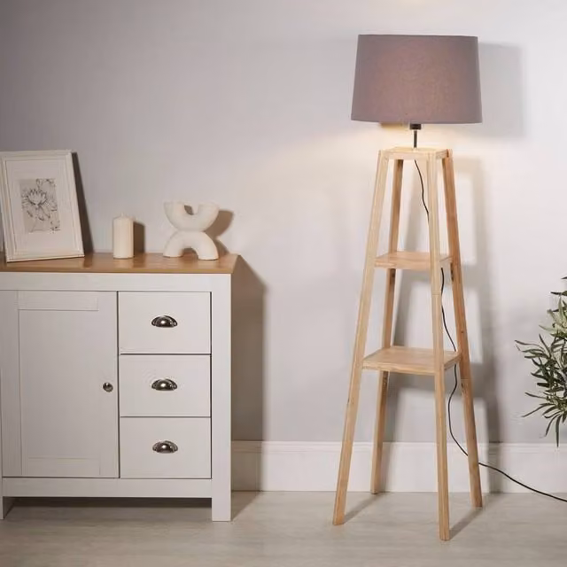 Lighting Collection Multi-Functional Wood and Fabric Shelf Floor Lamp in Grey – 1