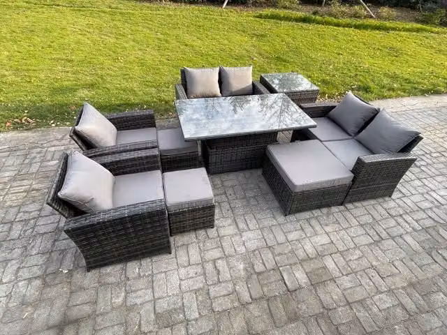 Fimous 9 Piece Wicker Rattan Outdoor Garden Furniture Set with Dining Table, 3 Footstools and Side Table in Dark Grey