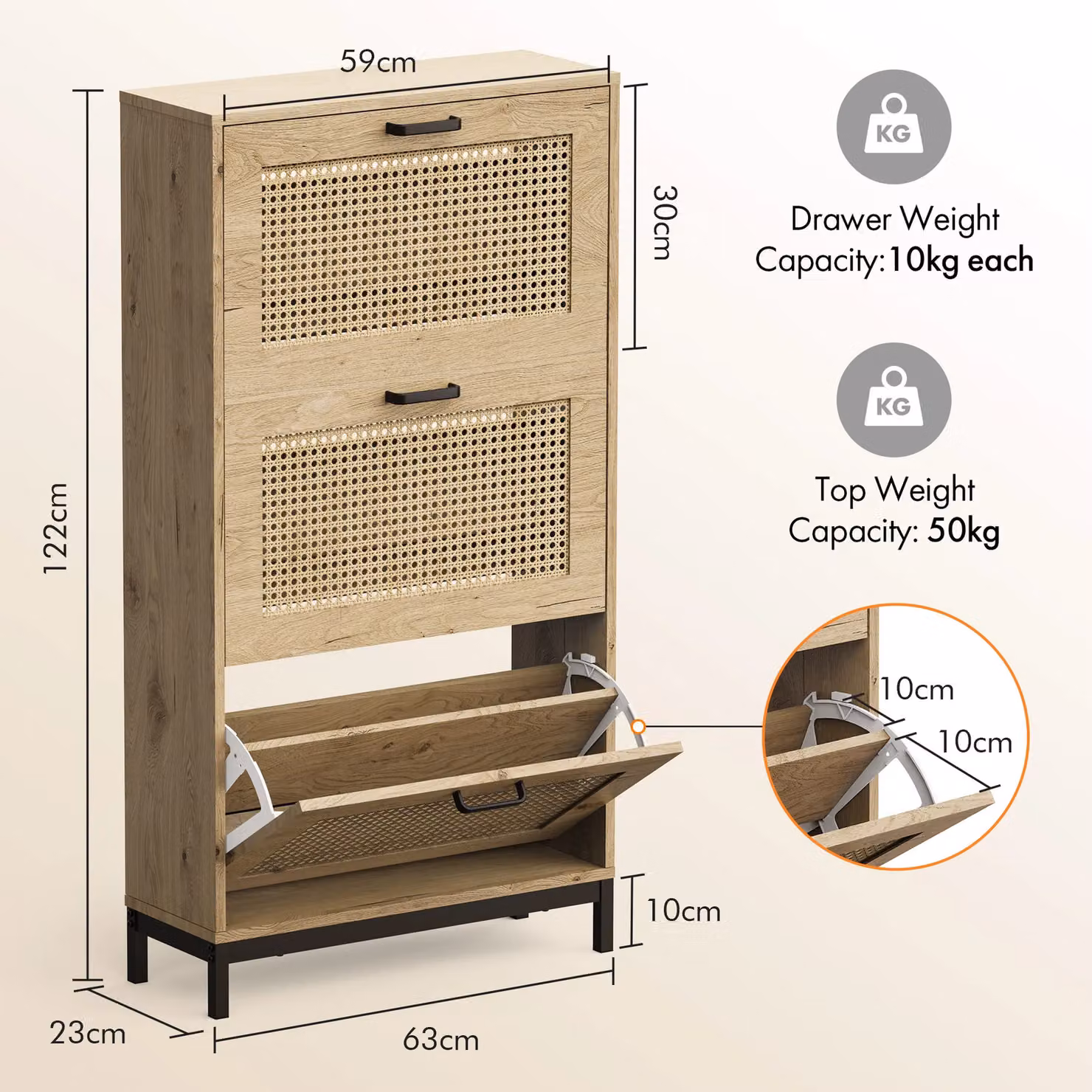 VonHaus Boho Rattan Hallway Shoe Storage Cabinet with Tilting Compartments in Sand – 4