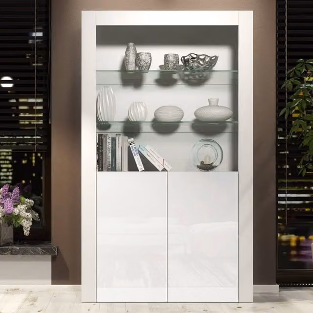 Creative Furniture Spectrum Modern White Glossy Display Cabinet with Glass Doors, H 170 x W 100 x D 35 cm