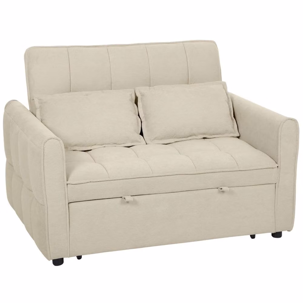 Wyld Haus Noel 3 in 1 Two Seater Sofa Bed in Beige Velvet Fabric with Adjustable Back, Pull Out Drawer and Scatter Cushions, W/D/H: 124.5 x 86.5 x 88 cm – 2
