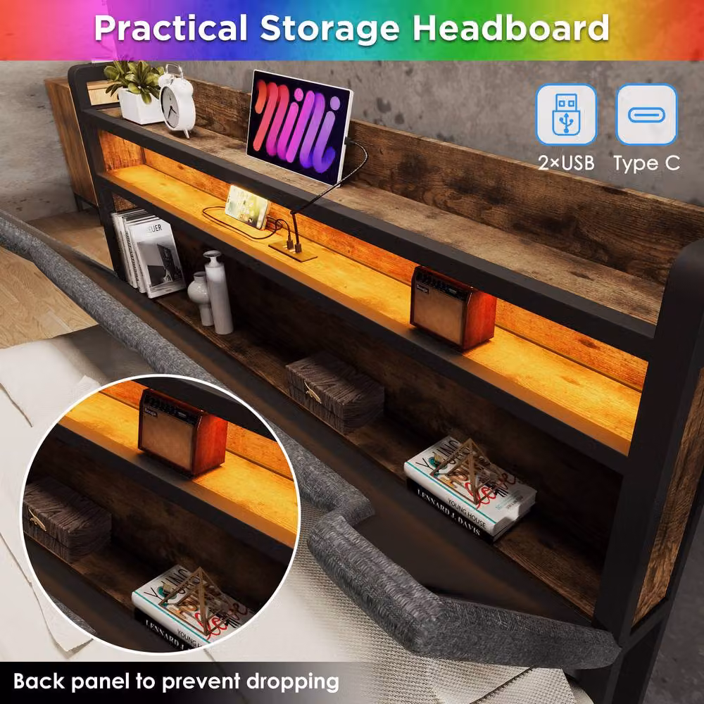 ModernLuxe Grey Upholstered Single Bed with Drawers, Storage Headboard and LED Under-Bed Lighting, W/D/H: 90 x 200 cm – 4
