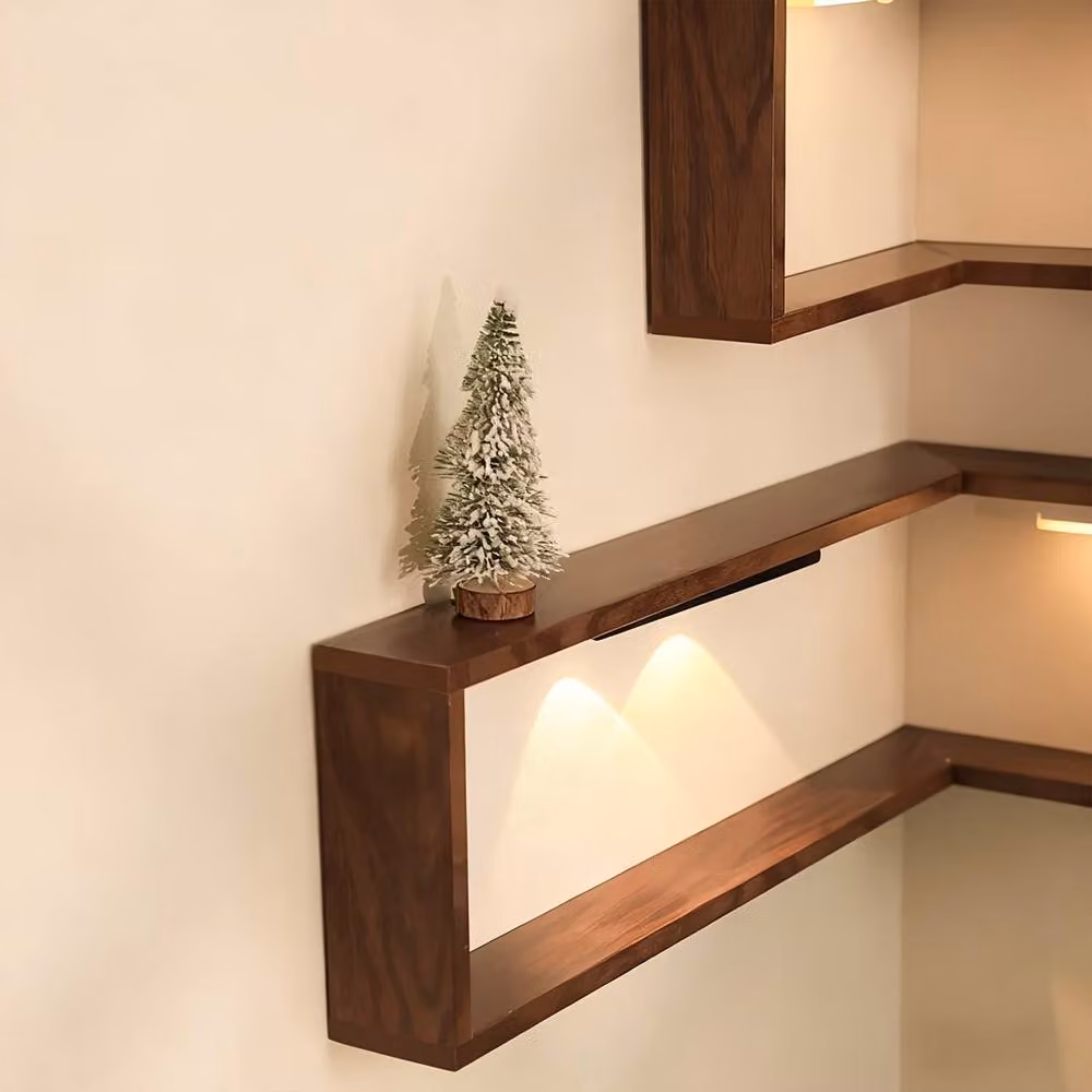 FORGEVIO Set of 3 Rustic Brown Pine Wood Floating Corner Wall Shelves – 6