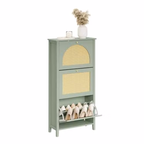 SoBuy Slim Shoe Cabinet with Rattan Doors and Tilting Compartments in Green and Yellow, W/D/H: 62 x 25 x 121.5 cm – 1