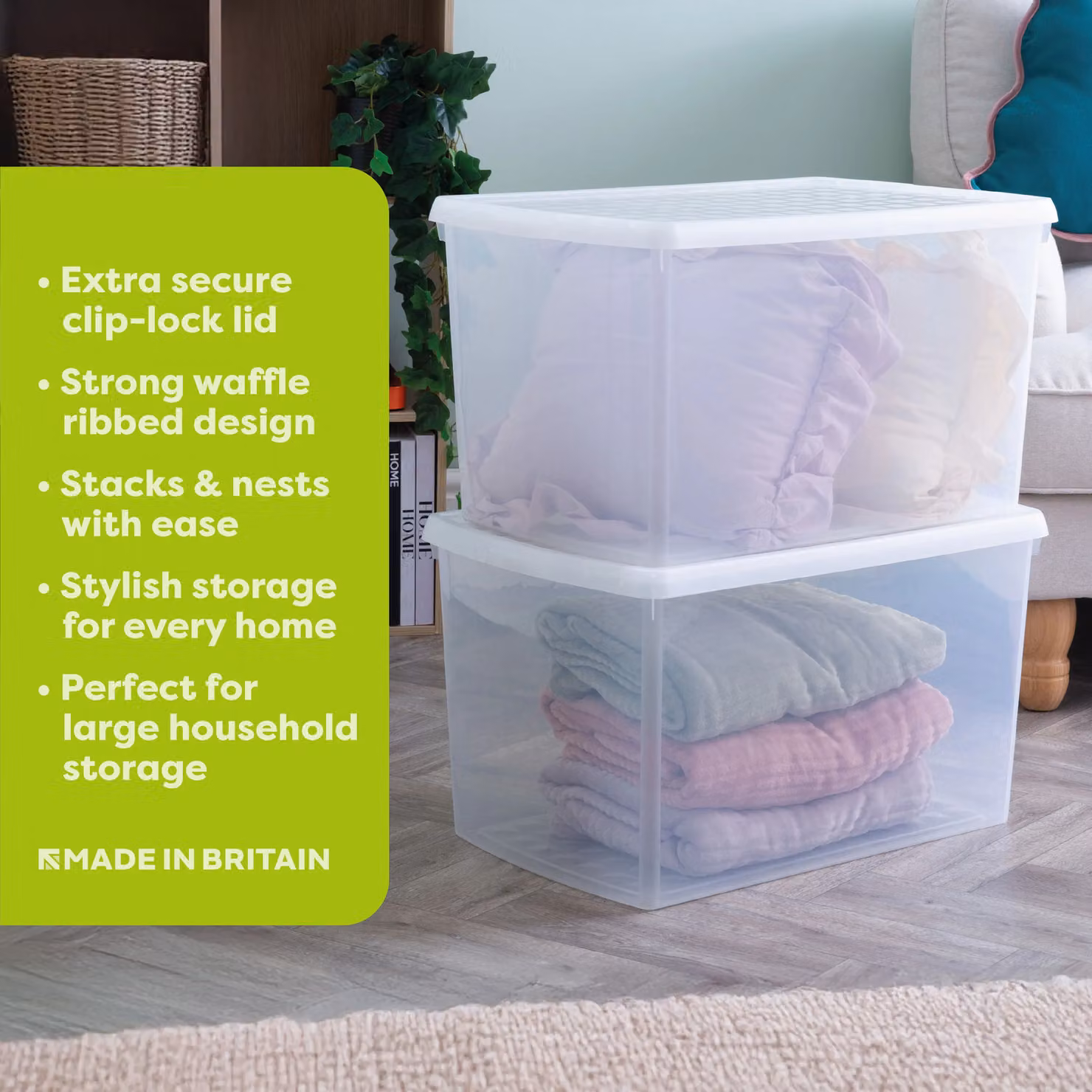 Wham Set of 3 Stackable Rectangular Plastic Storage Boxes with Clip Lock Lids, 62L, Transparent/Green – 2
